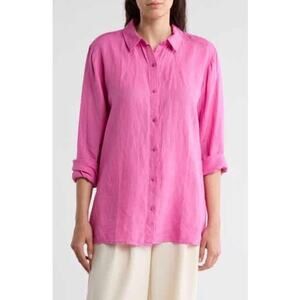 Eileen Fisher Organic Linen Bubblegum Pink Button Down Shirt Classic Medium